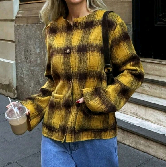 Women's Casual Plaid Double Pocket Woolen Coat, Autumn/Winter - Picture 3 of 5